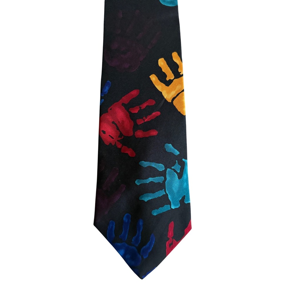 Save the Children Mens Silk Tie Black Handprint Lend A Hand Art Beth Age 11 USA